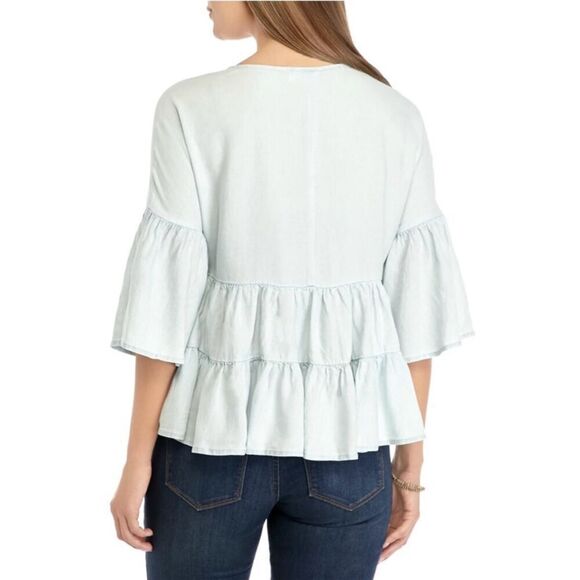 Adyson Parker Chambray Bell Sleeve Tiered Linen Blouse Size L Boho - Picture 2 of 9